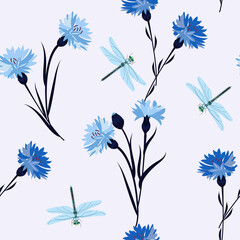 Seamless vector illustration with cornflowers and dragonflies