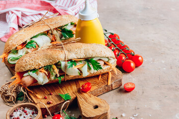 Hot dog with carrots, cucumber, herbs and mustard