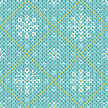 Winter holiday knitted diamond pattern. Pastel seamless vector pattern with knitted texture.White and yellow elements on a light blue background. Cute festive background with a set of snowflakes.