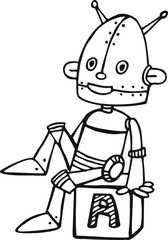 hand draw skench funny robot, children vector illustration, black and white, line art