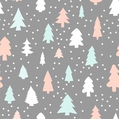 Seamless colorful pattern with cute christmas trees and falling snow. 