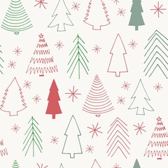 Seamless colorful pattern with cute christmas trees and snowflakes. 