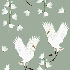 Fototapeta na wymiar Vector beautiful seamless illustration with birds cranes and field bells