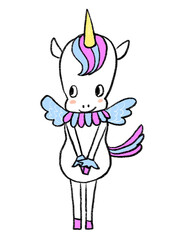 ピンクと水色の恥ずかしがり屋のユニコーンの立ち姿