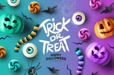 Happy Halloween Party Background Composition, colourful fall event layout with pumpkins and spooky treats. vector illustration.