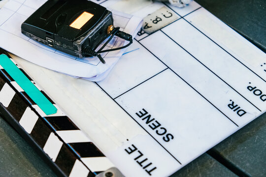 Film industry equipment, close up image of movie Clapper board on set
