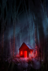 A creepy cabin in the woods, with a red light glowing through the door and windows set in a misty forest at night. 3D illustration