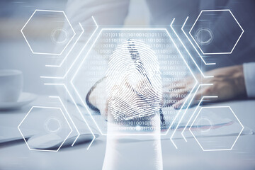 Fingerprint scan provides safe access with biometrics identification, concept of the future of security and password control through advanced technology. Double exposure.