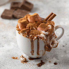 Hot chocolate cocoa with whipped cream decorated with cinnamon and marshmallow on concrete background. Close up