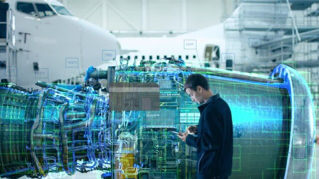 High-Tech Advanced Technology Concept: Visualization Of Futuristic Airplane Engine Maintenance Conducted by Engineer Holding Digital Tablet Computer. Animation of Analytics Checking of Plane Turbine - Powered by Adobe