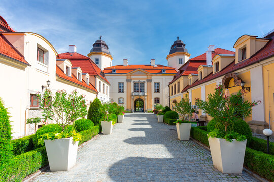Wałbrzych, Poland - September 8, 2020: Beautiful architecture of the Ksiaz Castle in Lower Silesia, Poland.