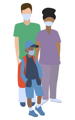 Father, mother and daughter in medical mask. Vector illustration. Isolated on a white background