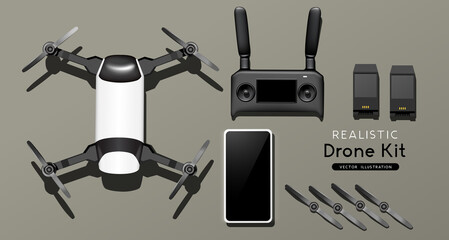 A flight drone and controller set. top view, flat lay composition. Realistic vector illustration.