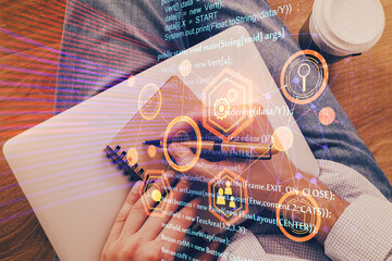 Writing human hands with data theme multi exposure icons.