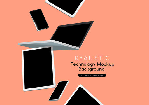 Modern technology mockup with falling communication devices including a laptop, tablet and mobile smartphones. Realistic tech vector illustration.