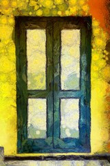 Fototapeta na wymiar Ancient wooden doors and windows of a bright yellow building Illustrations creates an impressionist style of painting.