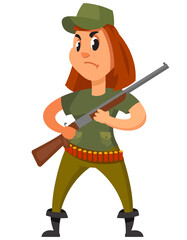 Hunter holding rifle. Female character in cartoon style.