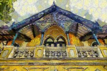 Gothic architecture in colorful Illustrations creates an impressionist style of painting.