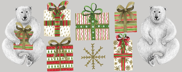 Set isolated elements gift box and polar bear. Watercolor and pencil drawing. The print is used for Wallpaper design, fabric, textile, packaging.