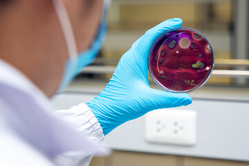 Scientist holding petri dish with bacterial infection (Escherichia coli ) analyzes microorganisms...