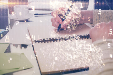 Technology theme hologram over woman's hands taking notes background. Concept of Tech. Double exposure