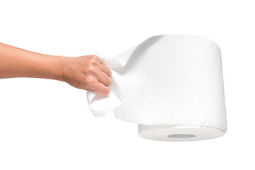 Woman hand pulling paper towel roll, isolated