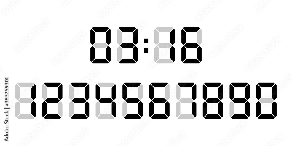 Poster digital clock and a set of numbers on a white background. electronic figures. digital glowing number