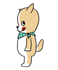 緑のバンダナを首に巻いた舌を出している柴犬の横から見た姿