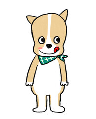 緑のバンダナを首に巻いた舌を出している柴犬