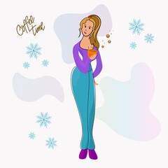 Cute girl in a lilac sweater and blue trousers stands and drinks coffee.
Vector isolated illustration with place for text.