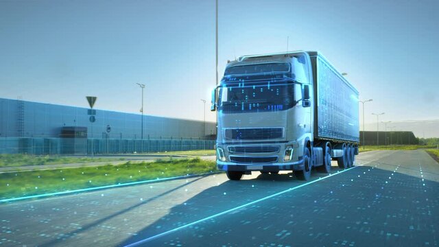Futuristic Technology Concept: Big White Semi-Truck with Cargo Trailer Drives on the Road is Transformed with Graphics Into Digitalized Version Digital Twin Futuristic Concept of Autonomous Vehicle