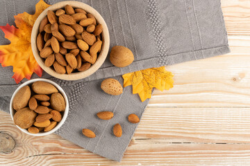 Heap of Raw Almonds on Rustic Background Closeup