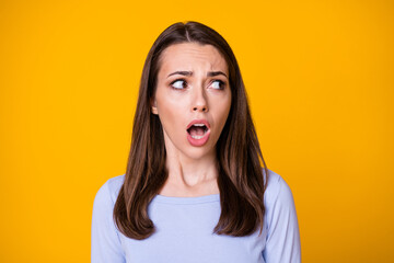 Closeup photo of attractive pretty shocked lady look side empty space open mouth terrified eyes...