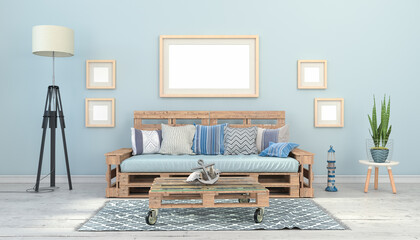 Skandinavisches, nordisches Wohnzimmer mit einer Paletten Couch und Tisch - Bilderrahmen - Textfreiraum - Platzhalter