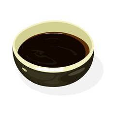 Soy sauce is in black boil. Liquid condiment of Chinese origin, traditionally made from fermented paste of soybeans, roasted grain, brine, added for flavor in cooking. Vector isolated on white.