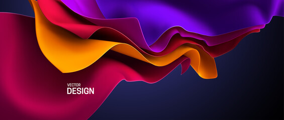 Colorful streaming velvet fabric. Abstract background. Vector 3d illustration. Wavy layered textile. Flowing silky cloth. Opening ceremony or anniversary decoration element.