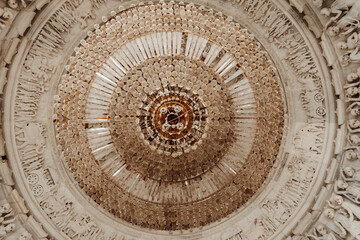 detail of the dome of Hindu Swaminarayan temple with chandelier