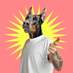 Wählen. Modernes Design. Zeitgenössische Kunstcollage mit süßem Hund und trendigem farbigem Hintergrund mit geometrisch gestalteten Elementen. Inspirierendes Kunst-, Haustier-, Tier-, Stil- und Modekonzept. Exemplar. © master1305
