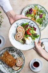 delicious breakfast with zucchini smoked salmon roulade