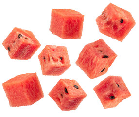 sugary watermelon cubes isolated on white. all image in sharpest - obrazy, fototapety, plakaty