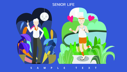 Fototapeta premium Vector illustration - Strong elderly old man as dancer in the club and sporty guy workout at park by jogging and running.