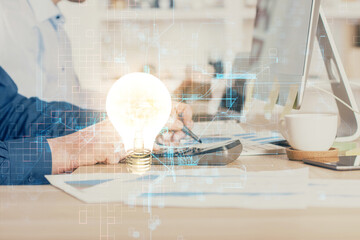 Growing arrows with businessman working on computer on background. Success concept. Double exposure.