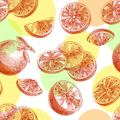 Orange seamless pattern. Slice, whole and half of citrus. Hand drawn vector illustration of fruit background in engraved vintage style. Sketch for menu design, brochure or package design.