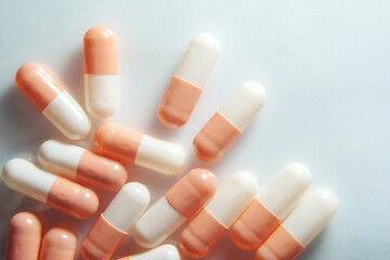 Real drug photos, Pharmaceutical medicine pills capsules heap, Close up, Illness and Medical treatment, Pills background. 