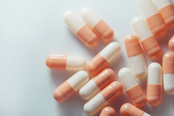 Real drug photos, Pharmaceutical medicine pills capsules heap, Close up, Illness and Medical treatment, Pills background. 