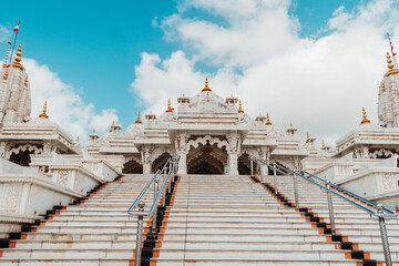 View of beautiful Swaminarayan temple with clouds in sky. At Bhuj, Kutch, India.