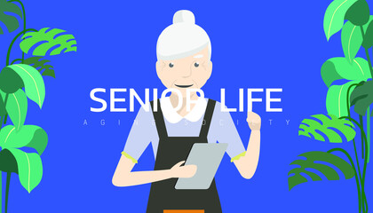 Vector illustration - Old woman waitress taking order in restaurant.