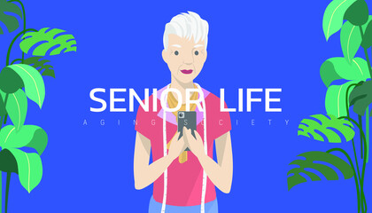 Vector illustration - Old fashionista woman holdign smartphone.