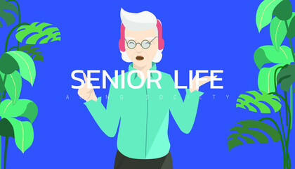 Vector illustration - Old woman enjoy listen to music with headphone.