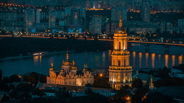 Kiev Pechersk Lavra, Dnipro River, Paton bridge and left bank of Kiev. Aerial shot